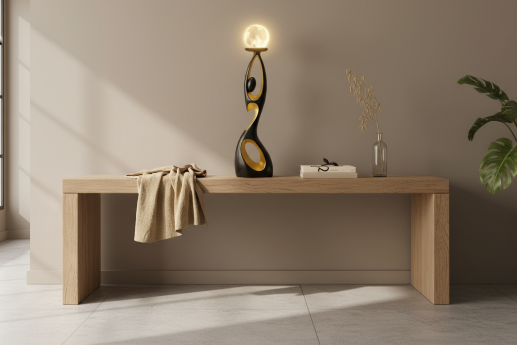 Contemporary abstract tabletop sculpture for sale on a styled DSARD console with linen textiles and art books