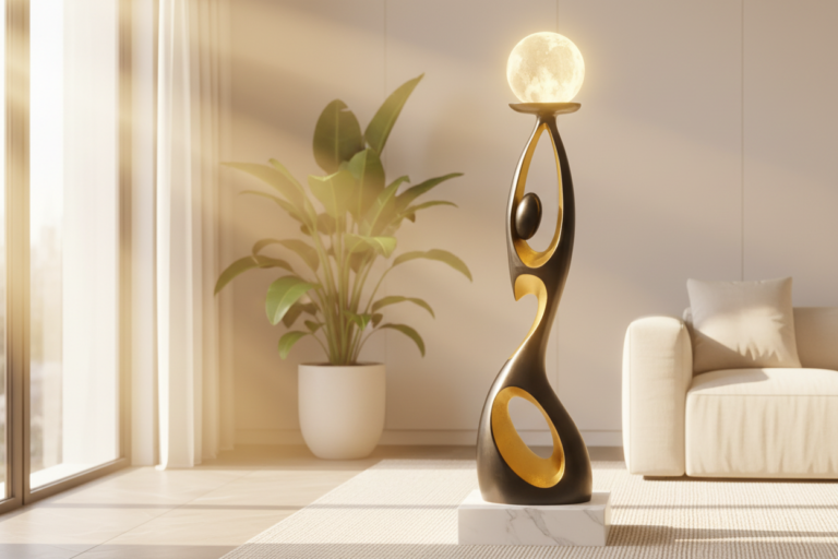 Abstract tabletop sculpture with organic flowing curves, matte black and gold finish, styled in a premium Scandinavian living room setting.