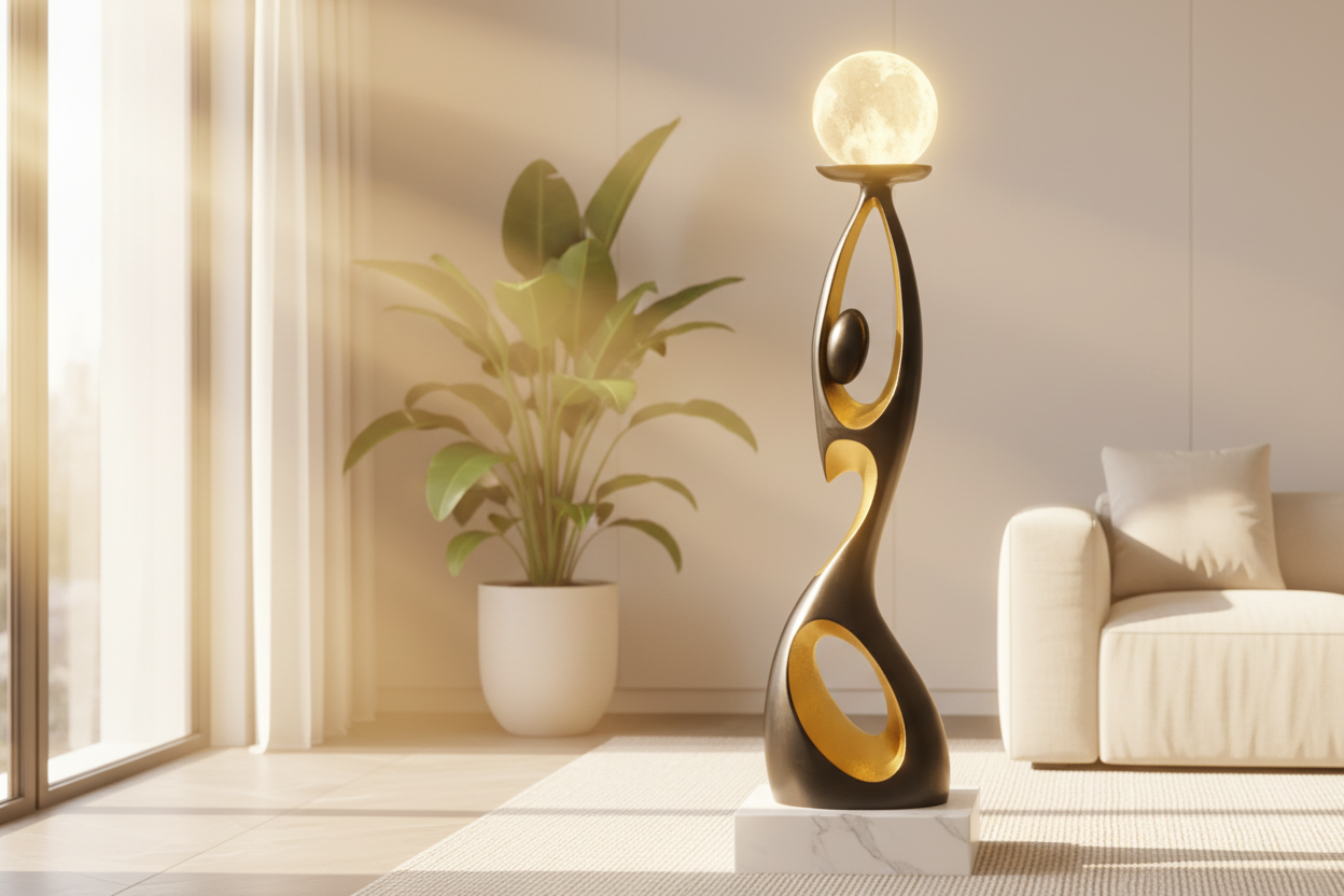 Abstract tabletop sculpture with organic flowing curves, matte black and gold finish, styled in a premium Scandinavian living room setting.