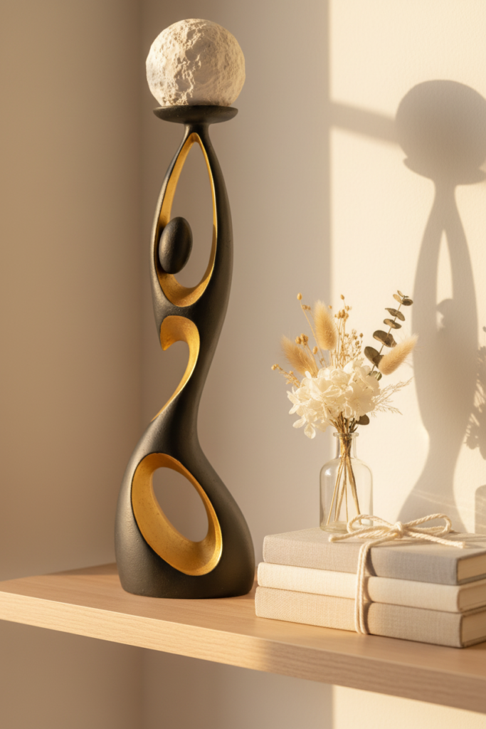 Handpainted abstract sculpture for home gift in matte ivory on a shelf with art books and a small dried plant