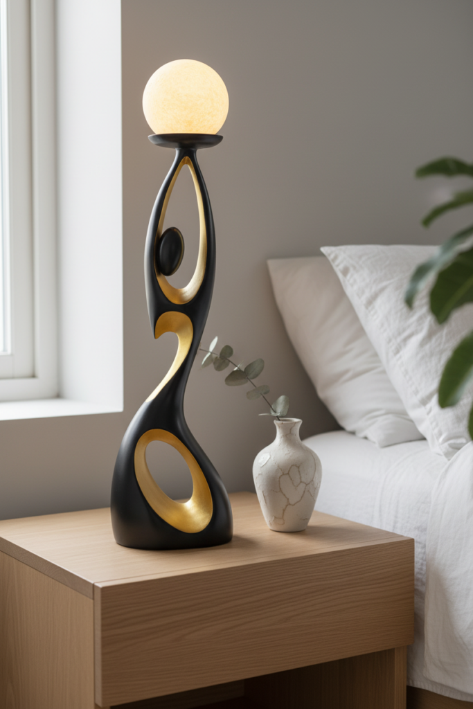 Modern abstract marble sculpture on a light oak nightstand beside a ceramic lamp in a minimalist bedroom