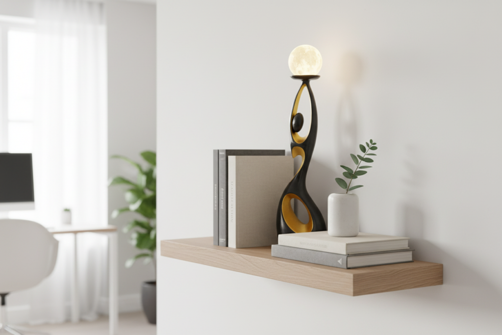 Minimalist black abstract sculpture for shelf styled with art books and a ceramic vase in a Nordic home office