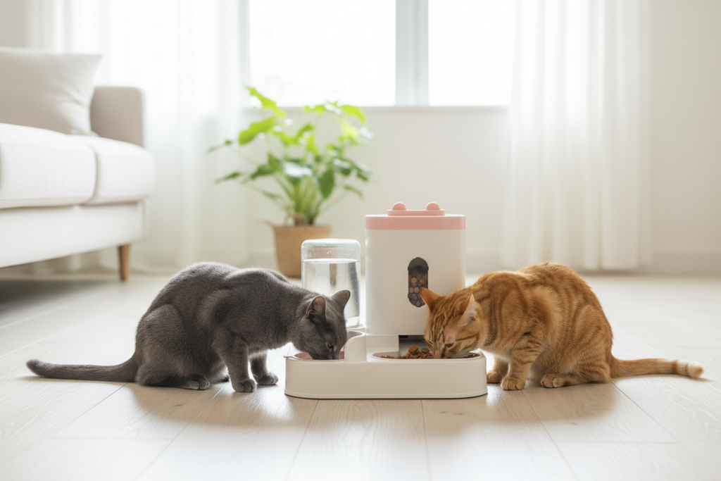 Close-up of automatic pet feeder LCD display showing programmable portion control meal settings