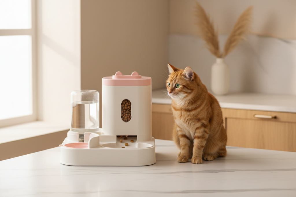  Smart automatic pet feeder dispensing kibble for a cat on a clean modern kitchen counter