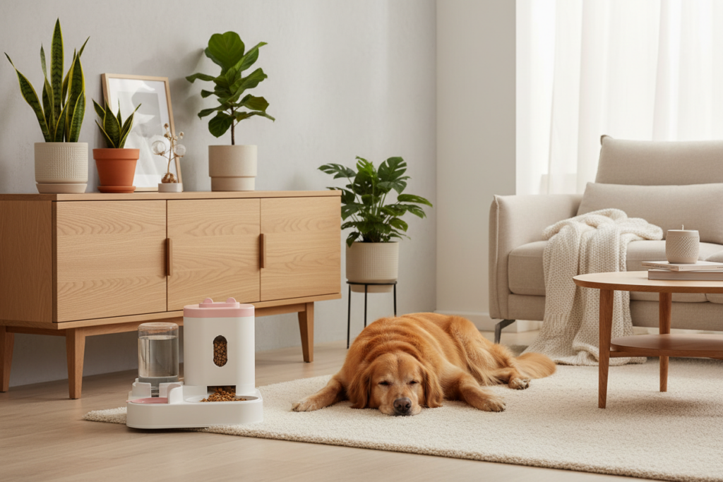 Automatic dog feeder dispensing kibble for a golden retriever in a bright modern home interior