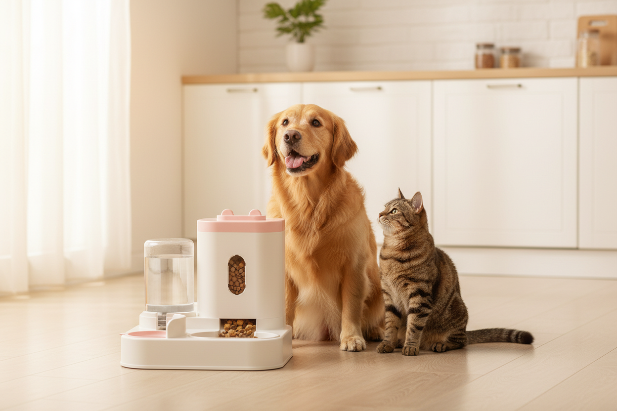 A golden retriever and a tabby cat sit attentively in front of a modern automatic pet feeder on a sunlit kitchen floor.