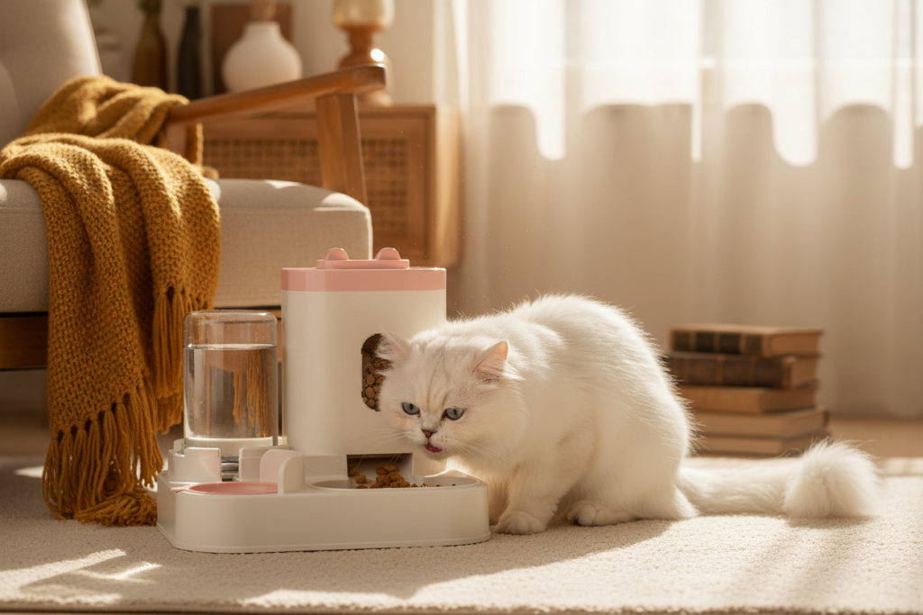 Cat eating calmly from automatic feeder in minimalist Nordic-style home with clean interior design