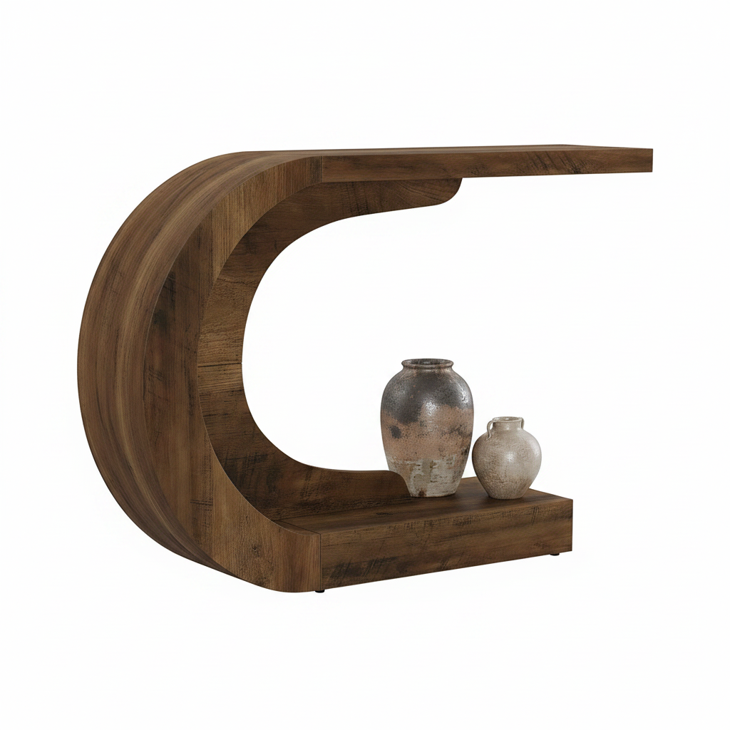 Walnut c shaped console table entryway tapered legs open base mid century modern design