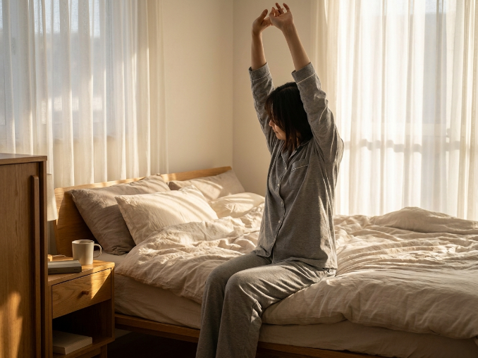 Morning stretch on charcoal foam mattress back pain relief bedroom scene 