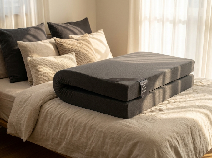 Morning stretch on charcoal foam mattress back pain relief bedroom scene 