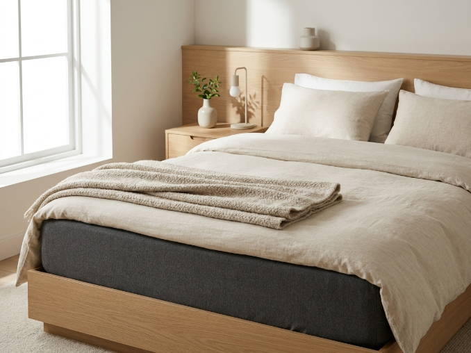 "Charcoal foam mattress airflow ventilated bed in modern Nordic bedroom"
