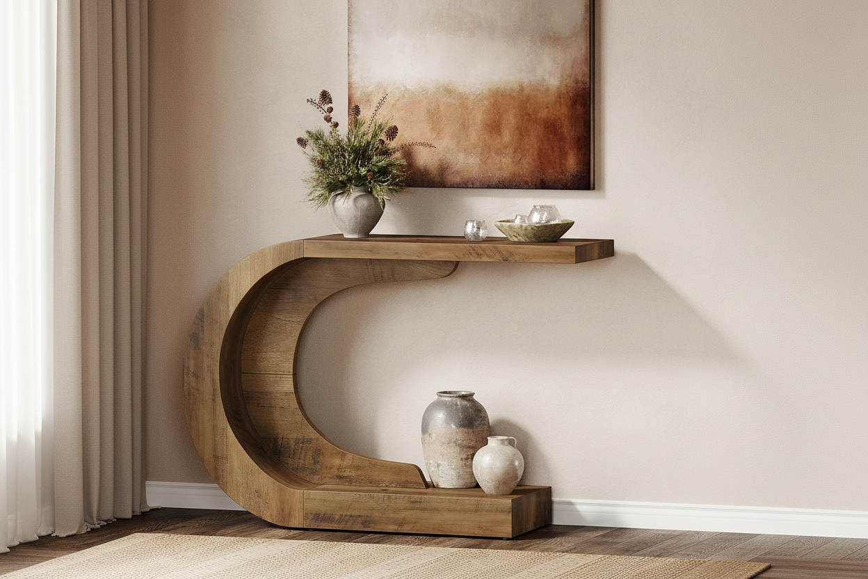 Mid century modern c shaped console table walnut finish styled in minimalist entryway with lamp and vase
