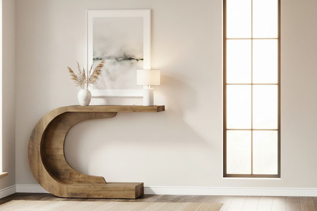 Mid century modern c shaped console table walnut finish minimalist entryway home decor