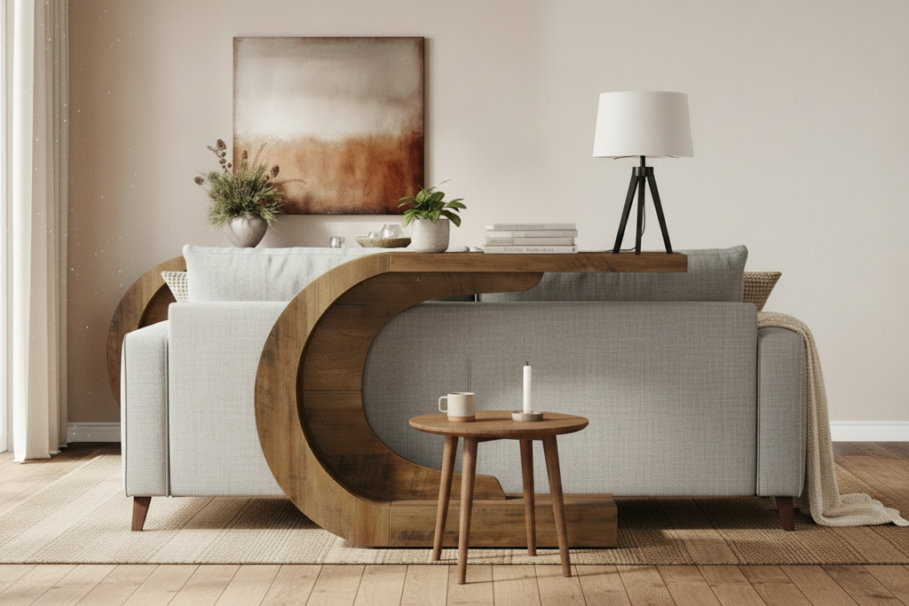 C shaped entryway table wood lamp tray Nordic minimalist styled home mid century decor