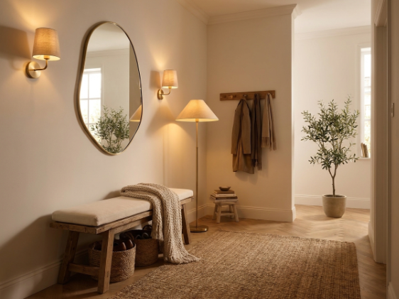 Small entryway decor idea with rustic wooden bench and mirror