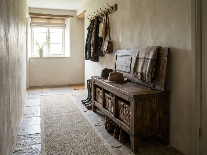 Rustic entryway bench with storage in a small hallway