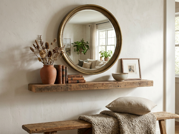 Entryway mirror and wall decor above a small storage bench