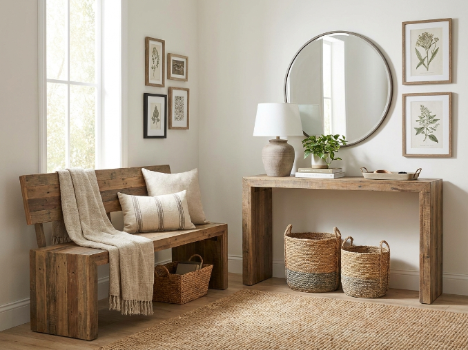 Modern entryway table with drawers styled for a small foyer