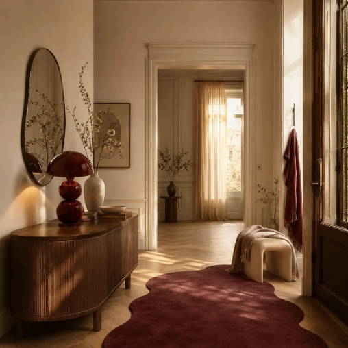 A warm, sunlit entryway with a curved wooden reeded sideboard topped by a burgundy mushroom-shaped table lamp, a ceramic vase with flowering branches, and a round asymmetrical mirror on the wall above. A burgundy wool throw hangs on a wall hook near the front door, and a matching burgundy freeform area rug covers the herringbone wood floor. A curved beige boucle stool sits nearby, and a sunlit room with sheer curtains is visible through the doorway beyond.